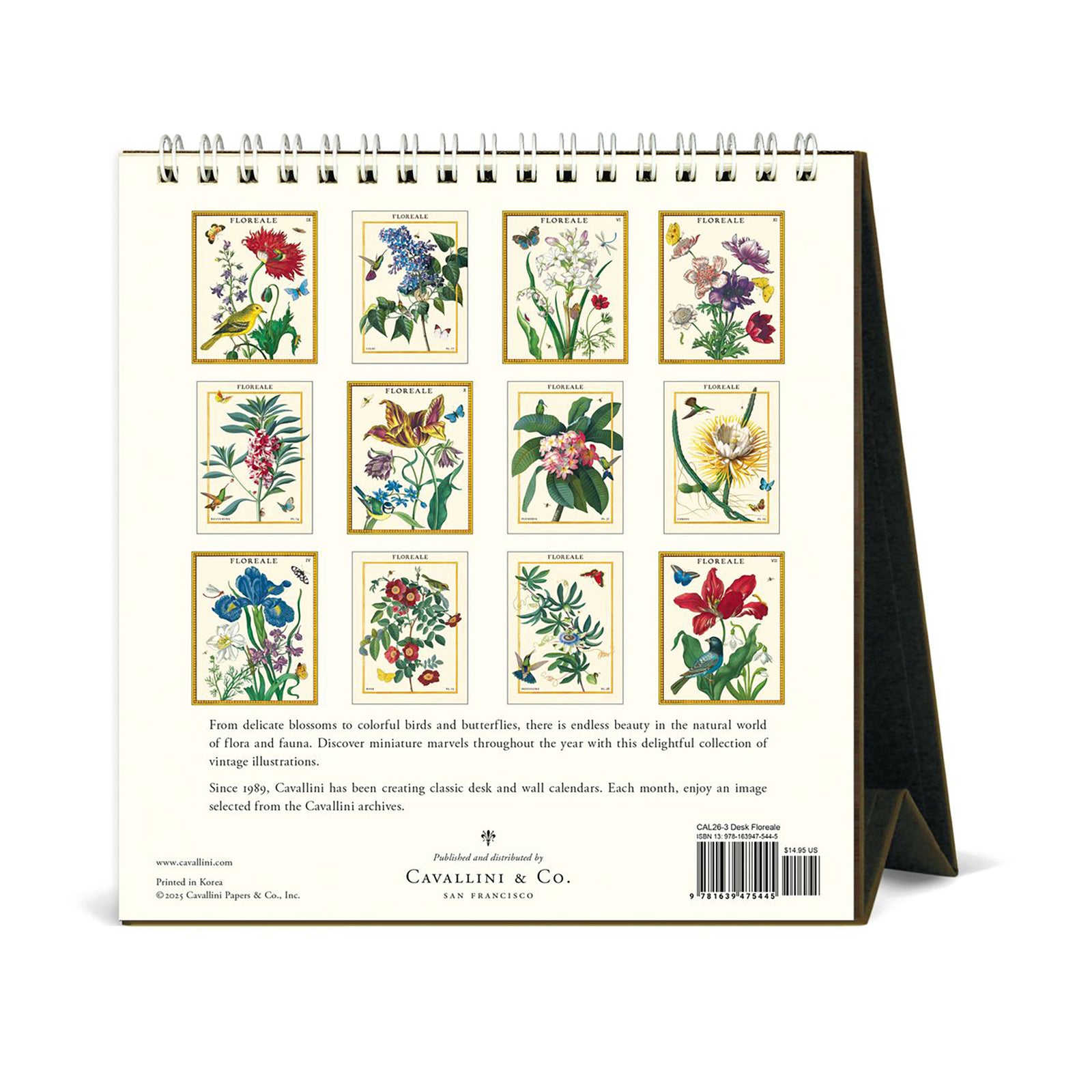 Floreale 2026 spiral standing desk calendar with floral and bird illustration on a white background