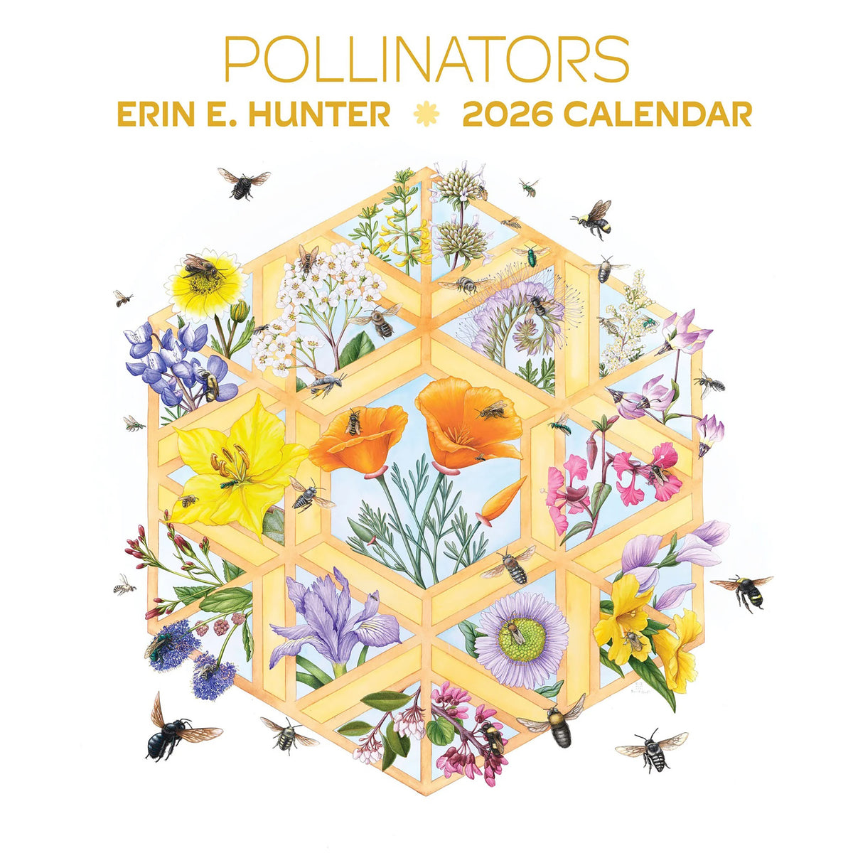 2026 calendar cover with flowers, bees, and honeycomb design on a white background