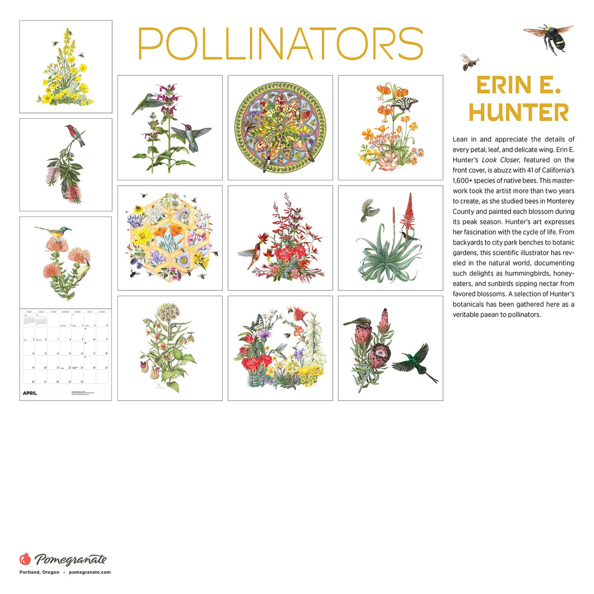 Calendar back cover with 12 images of birds and floral designs and a description of Erin E. Hunter&#39;s work