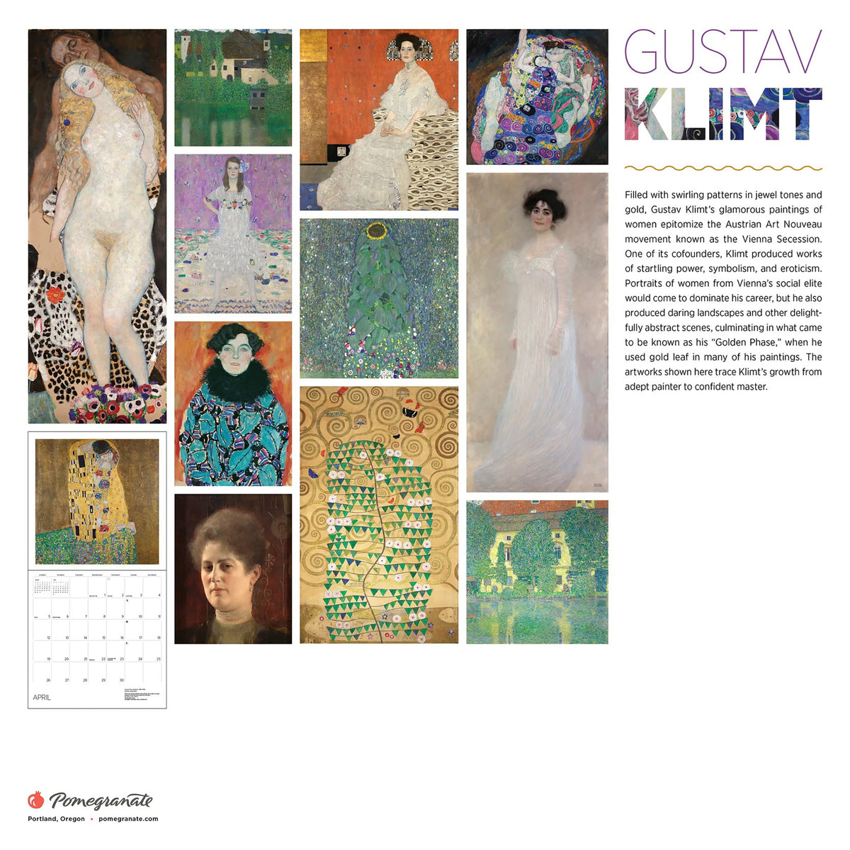 Back cover of calendar featuring Gustav Klimt artworks with text about his style and achievements.