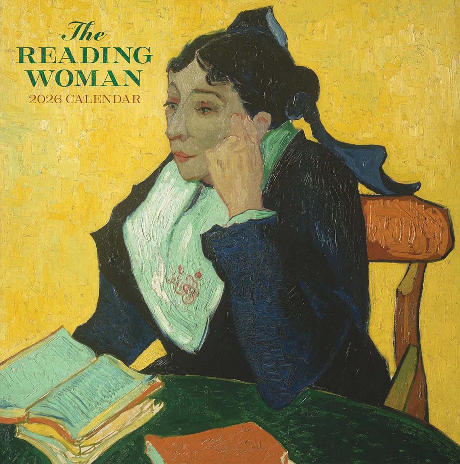 Painting of a woman reading a book over a yellow background with 'The Reading Woman' 2026 calendar text.