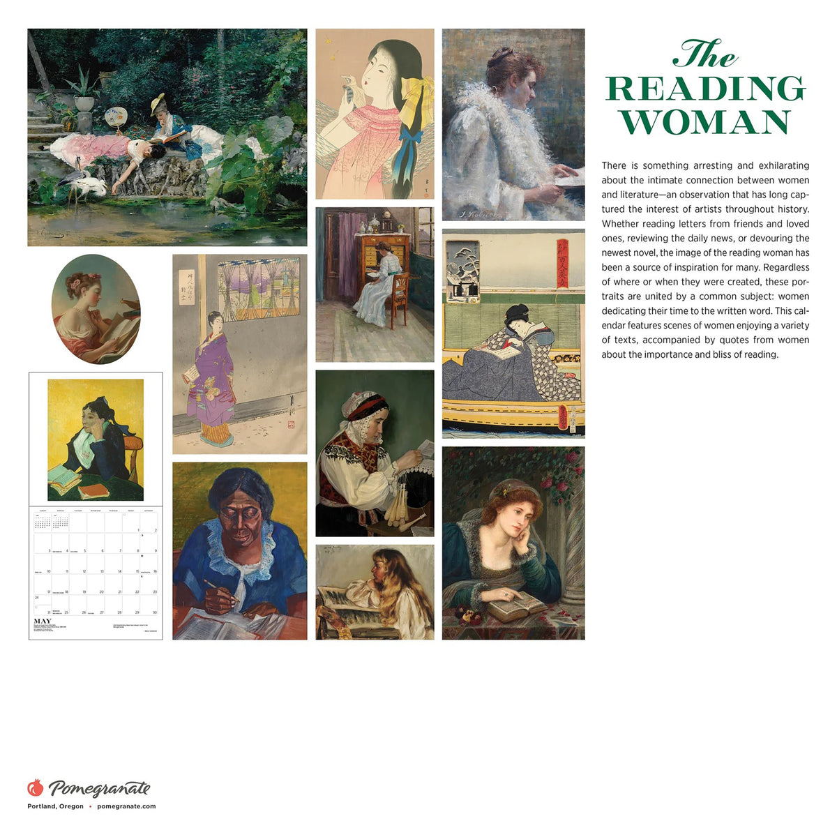 Calendar back cover collage of images of women reading in different art styles with text about the calendar&#39;s theme of reading.