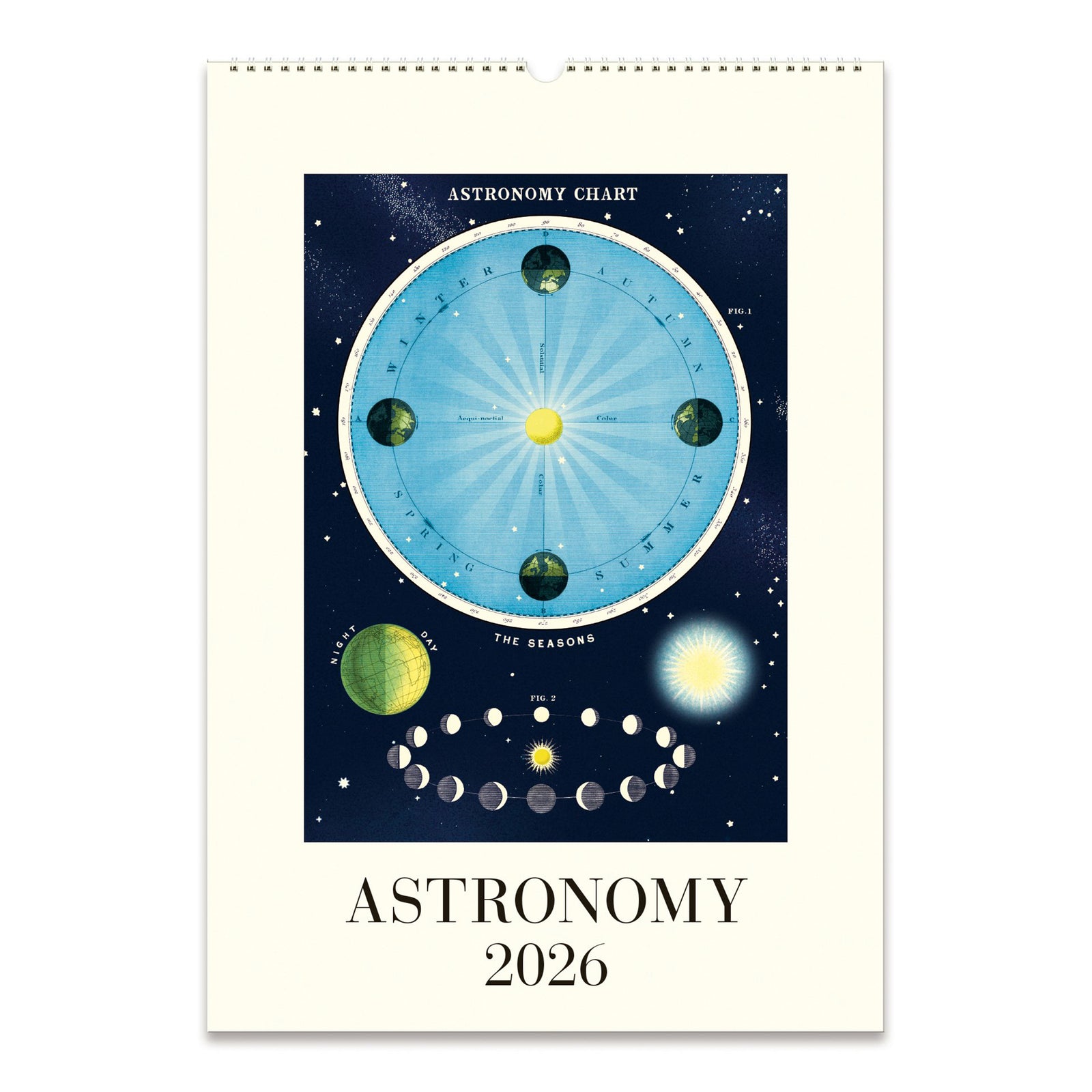 Vintage inspired astronomy chart calendar for 2026 with spiral binding on a white background