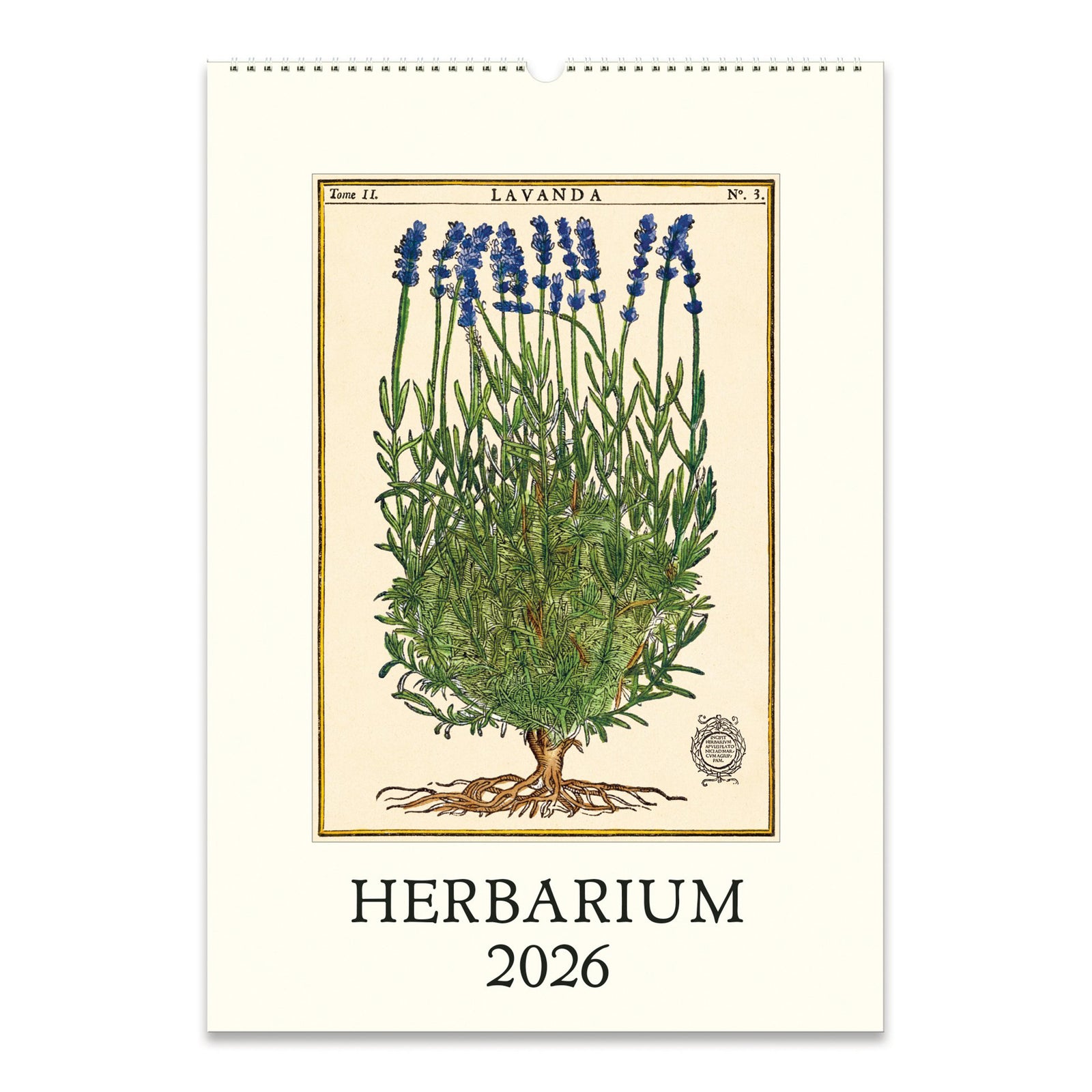 Herbarium 2026 spiral bound calendar with lavender illustration on a white background