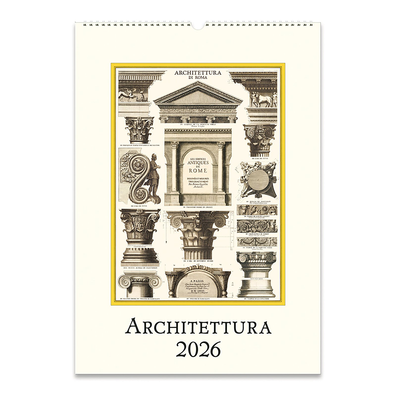 Architettura 2026 calendar with spiral binding with architectural design on a white background