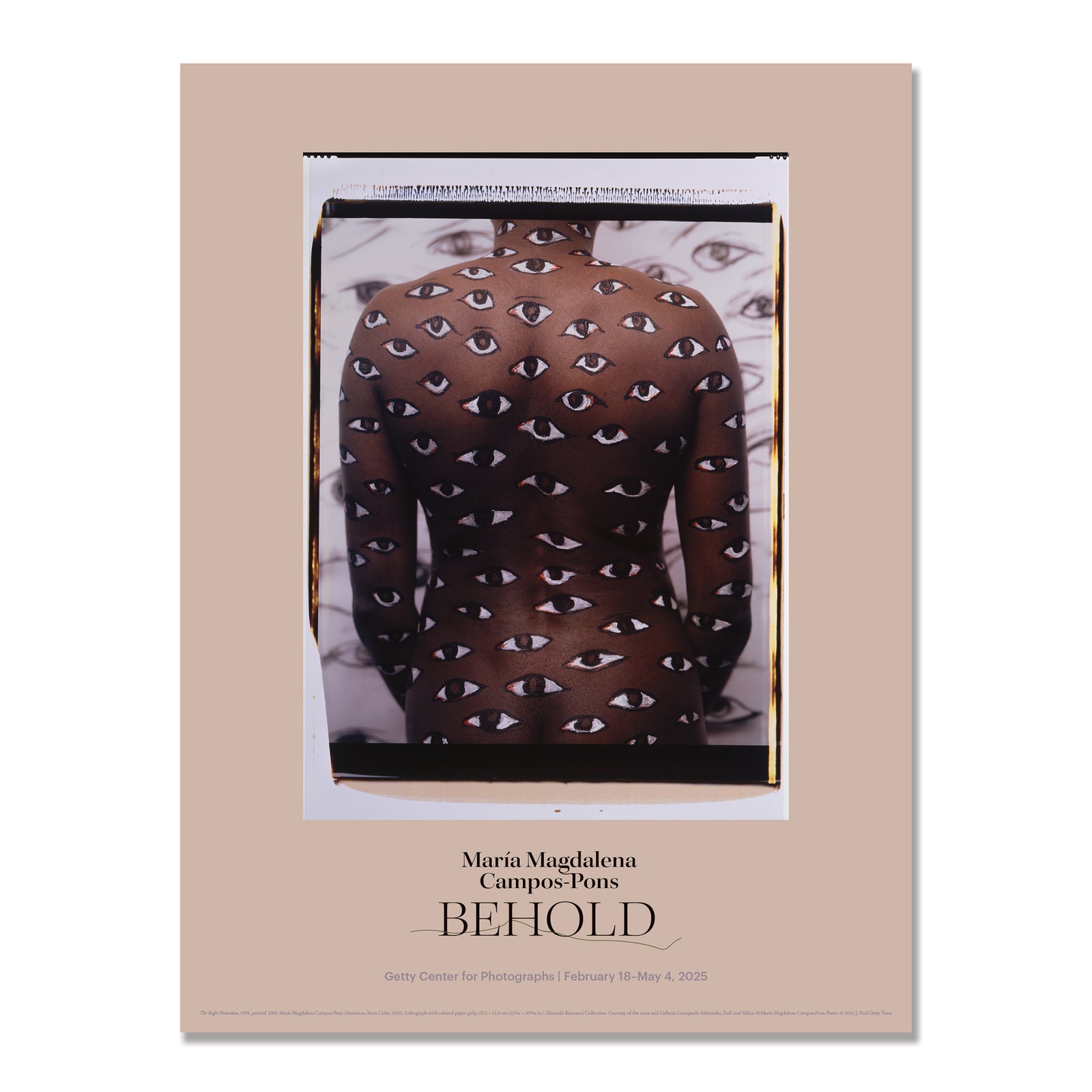 A poster featuring 'The Right Protection' artwork by María Magdalena Campos-Pons, with multiple eyes printed on the back of a figure.