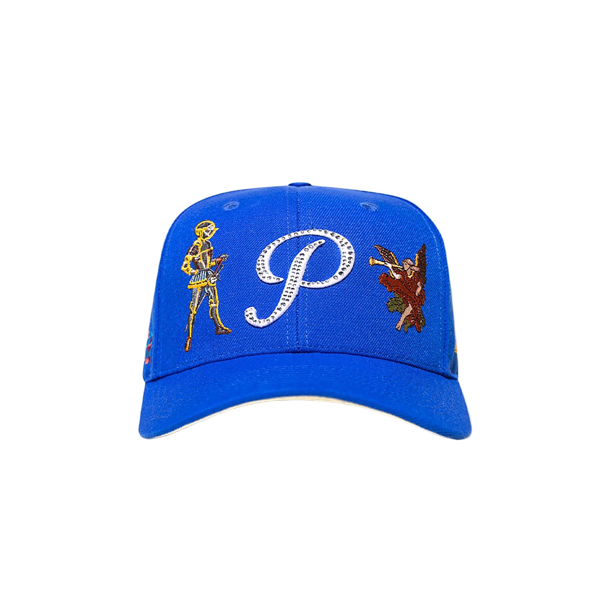 Blue cap with embroidered designs on a white background