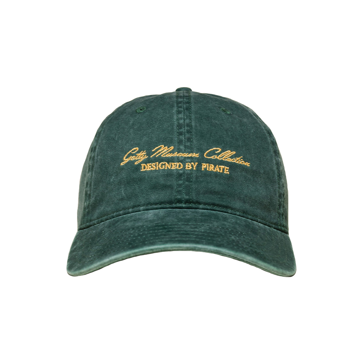 Green cap with embroidered text on a white background