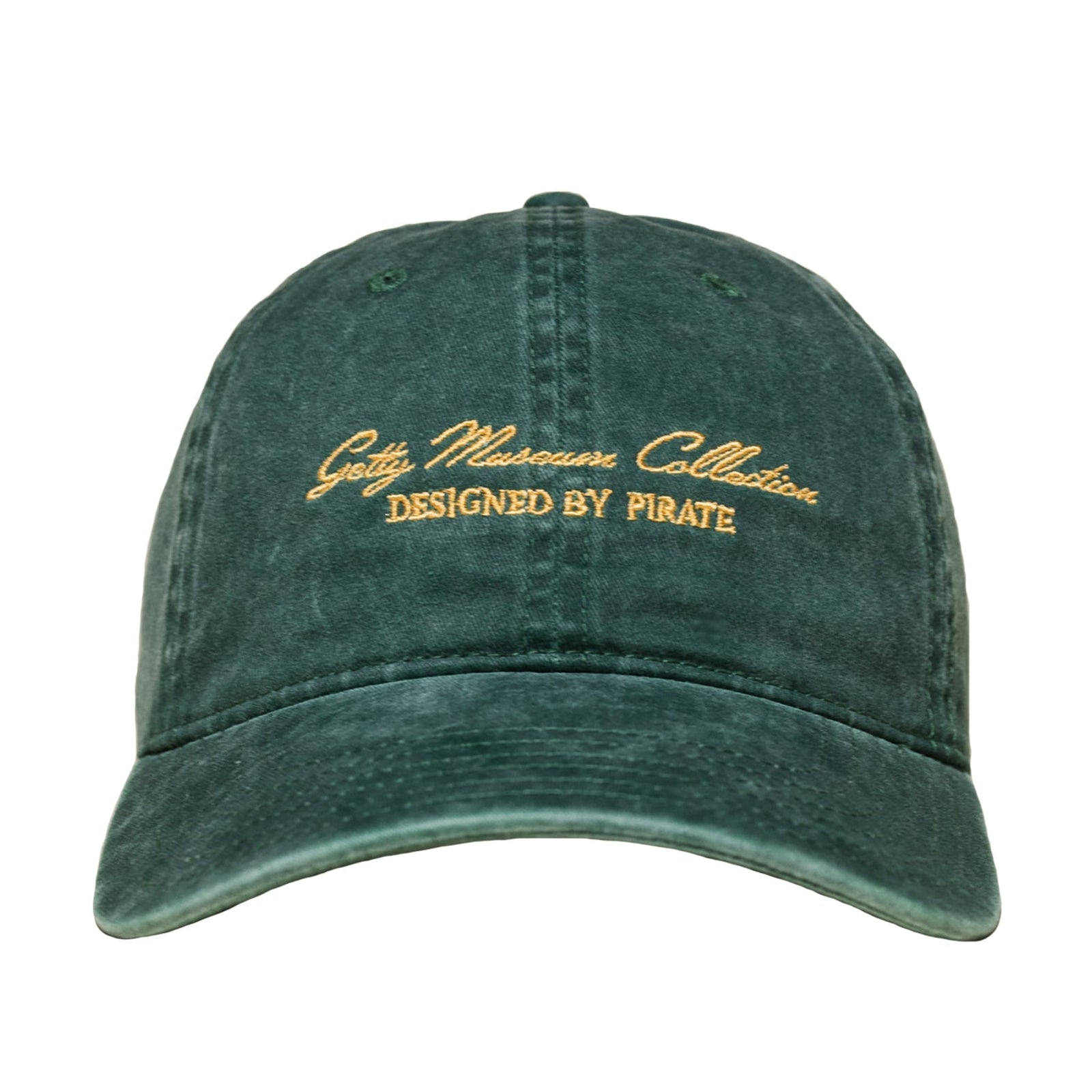 Green cap with embroidered text on a white background