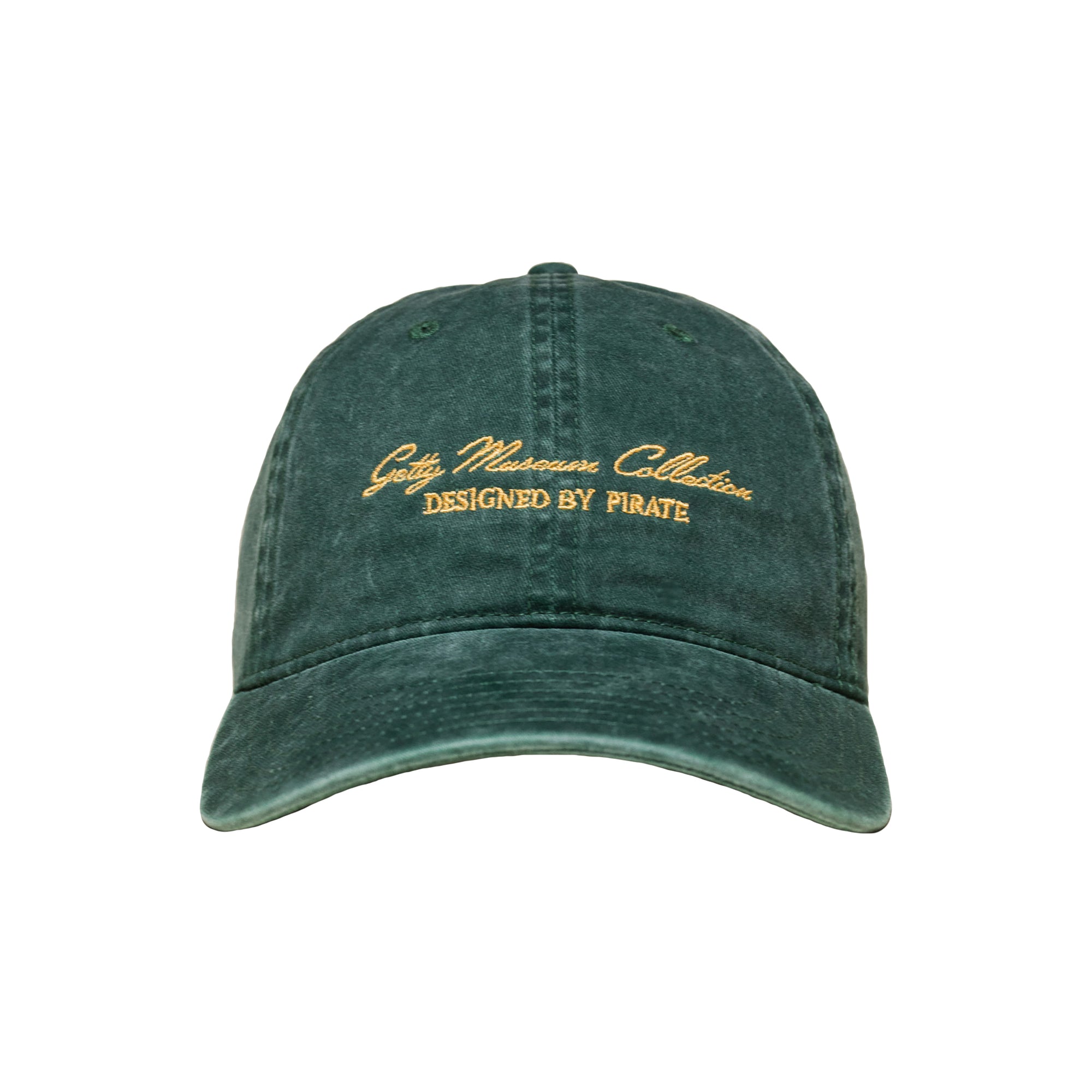 Green cap with embroidered text on a white background