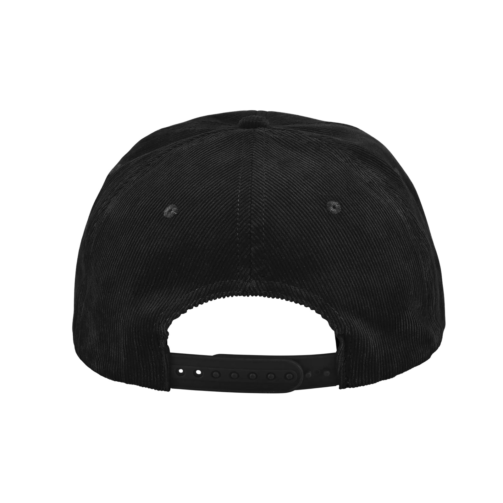 Black cap with white logo and text on a white background