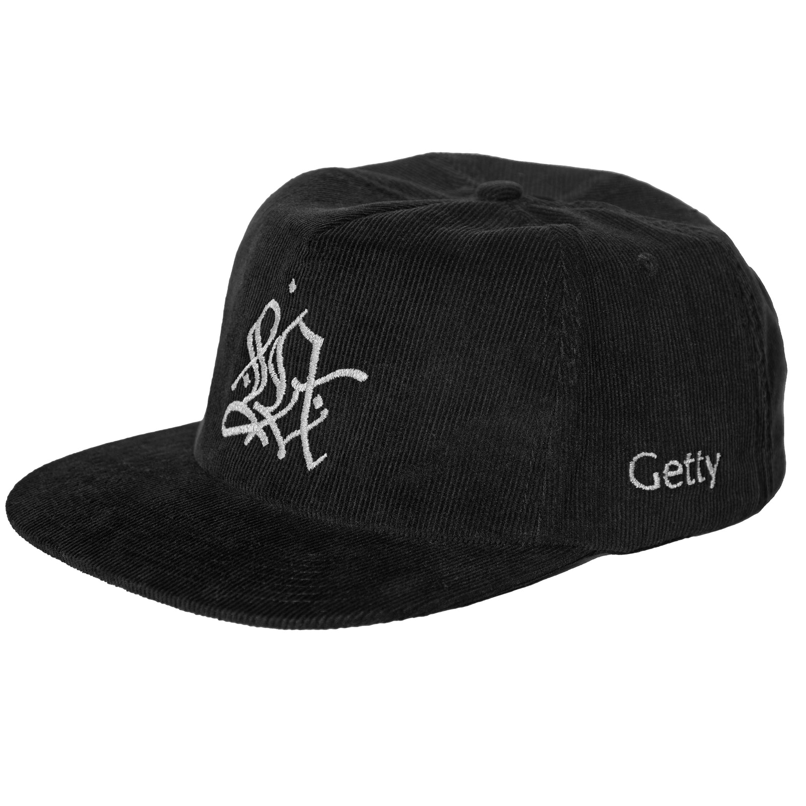 Black cap with white logo and text on a white background