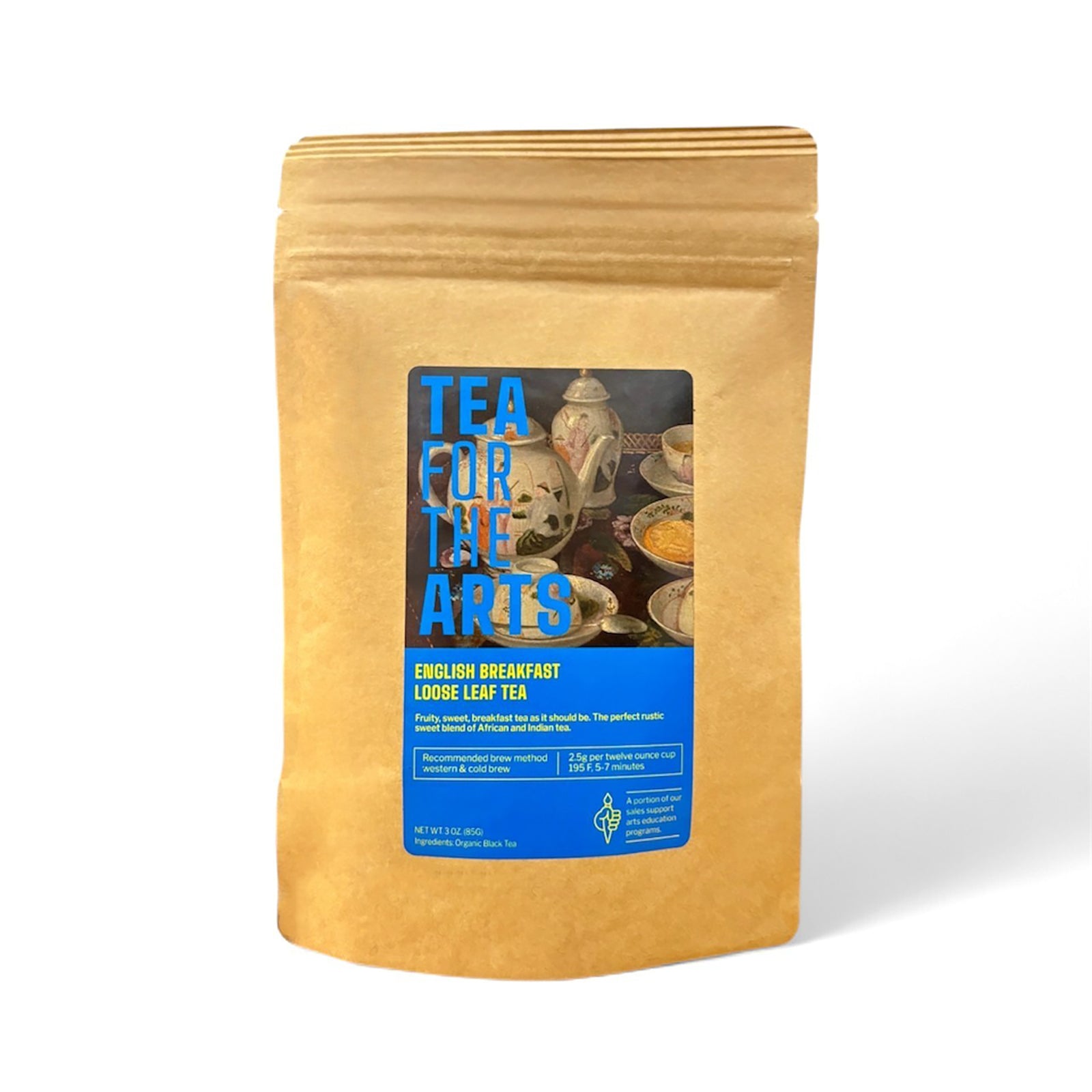 Tea package with blue label on a white background