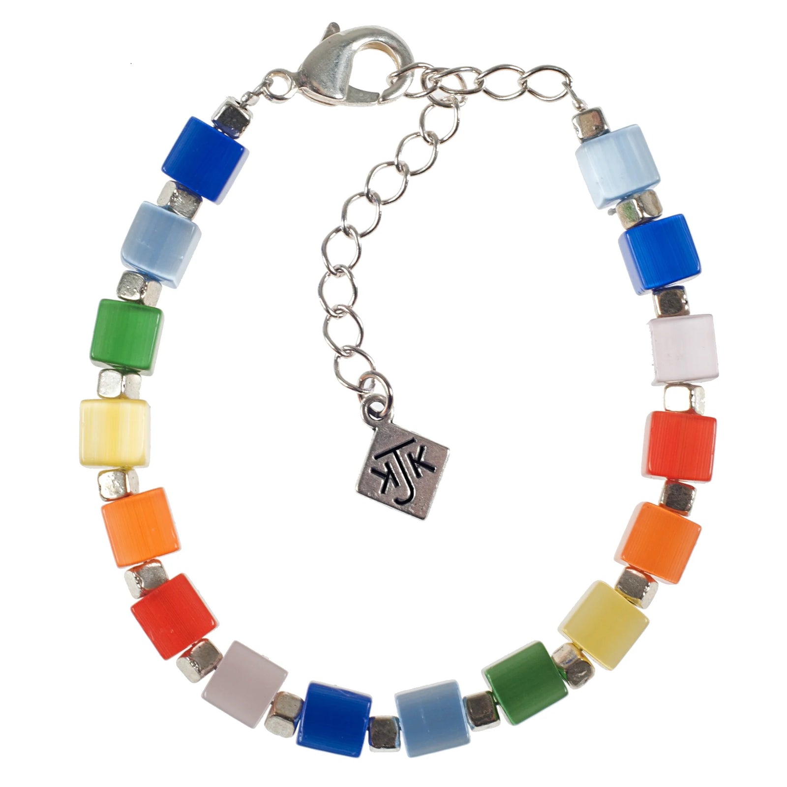 Colorful beaded bracelet with a silver clasp on a white background