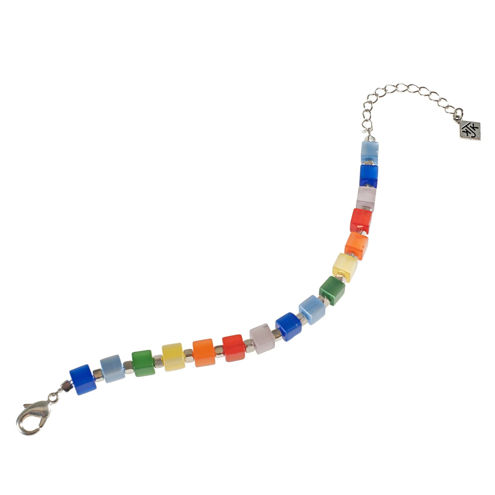 Colorful beaded bracelet with a silver clasp on a white background