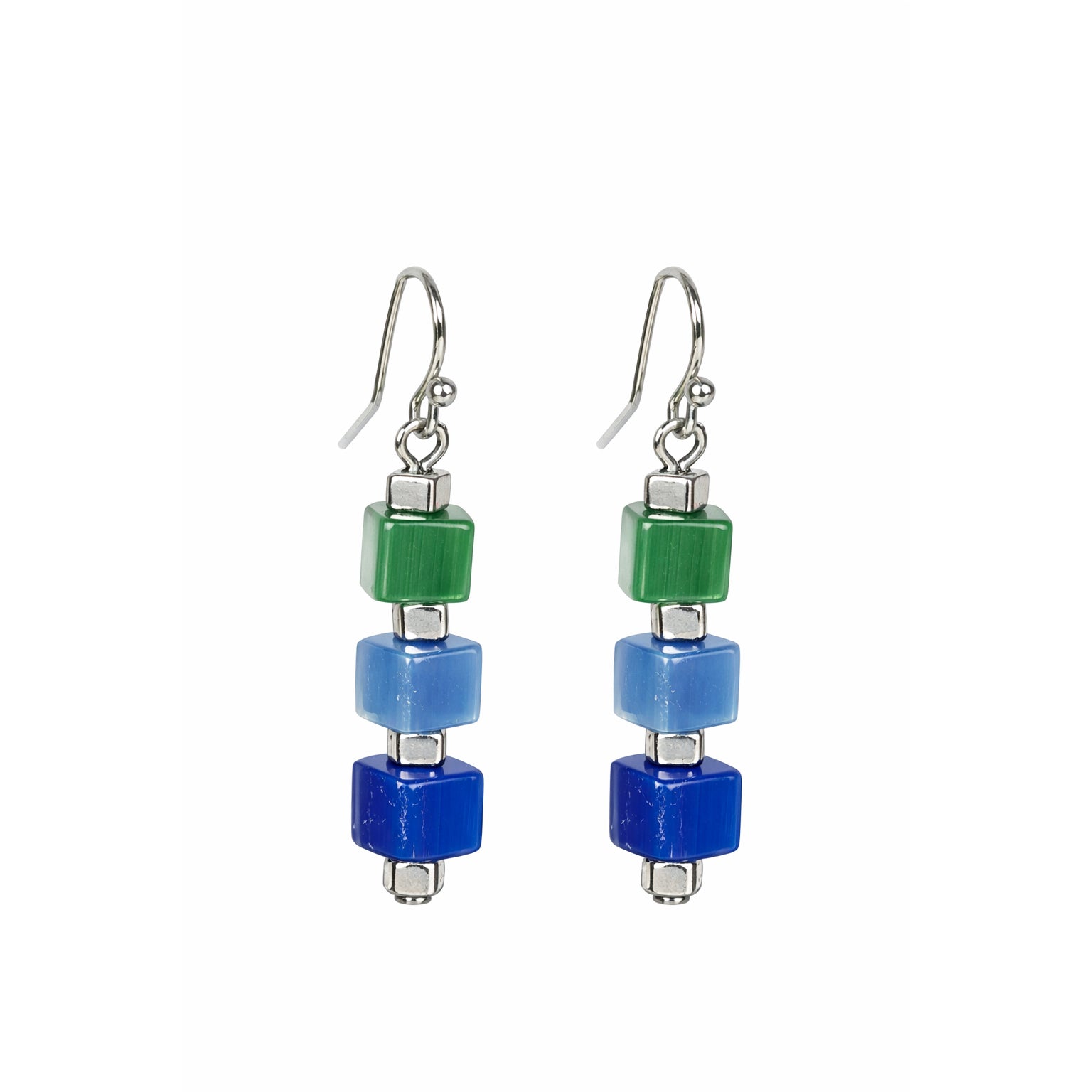 Pair of earrings with green and blue square beads on a white background