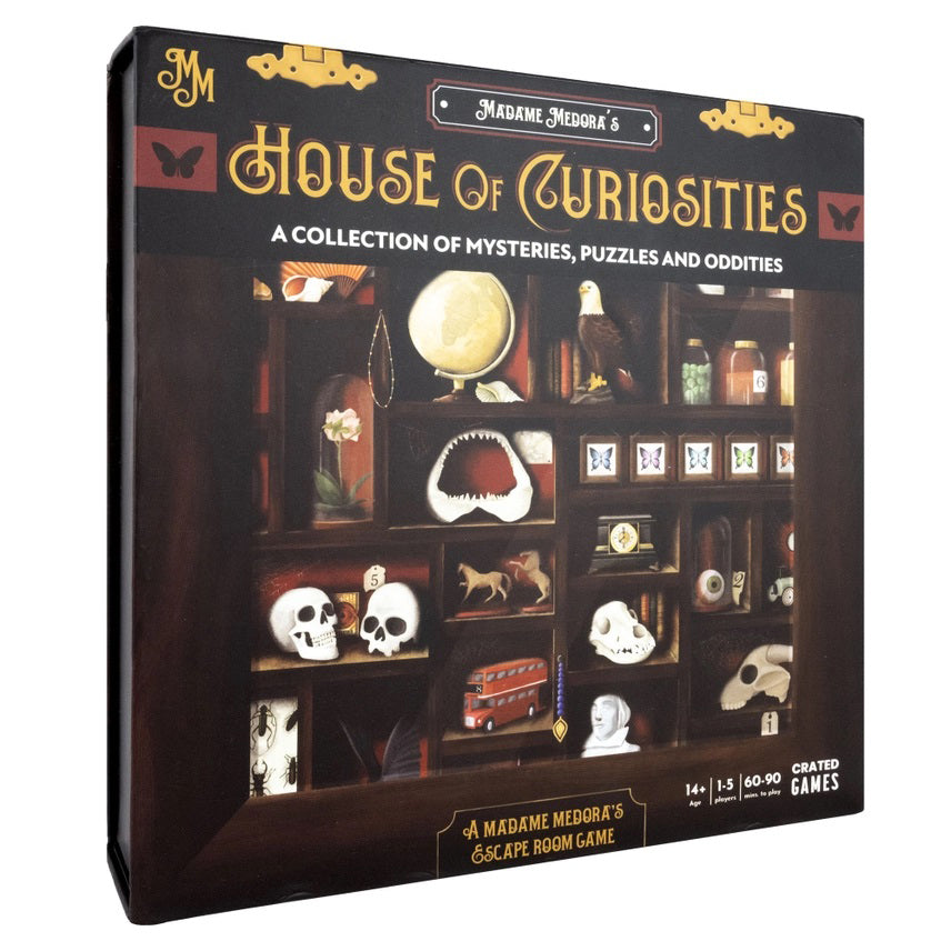 Box for 'House of Curiosities' game by Madame Medora with images of curiosities on shelves.