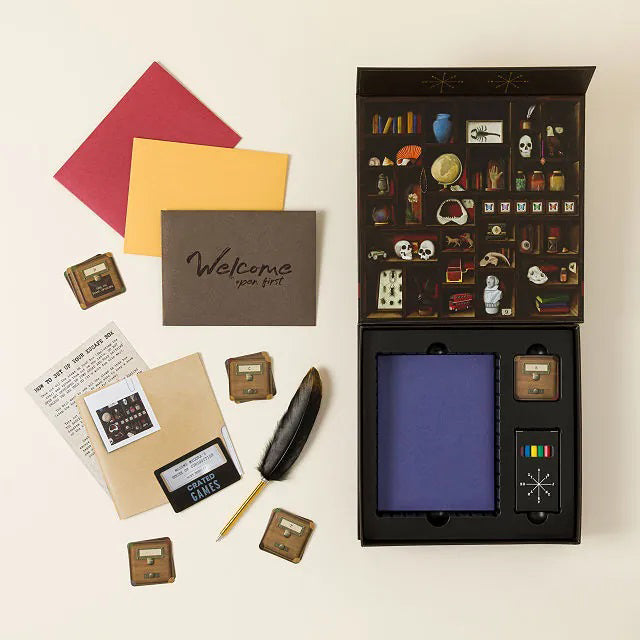 Box for 'House of Curiosities' game by Madame Medora with images of curiosities on shelves.