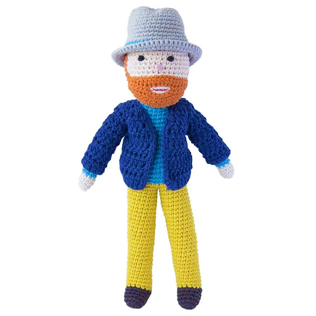 Crocheted doll of Vincent van Gogh with a blue jacket, yellow pants, and a gray hat on a white background