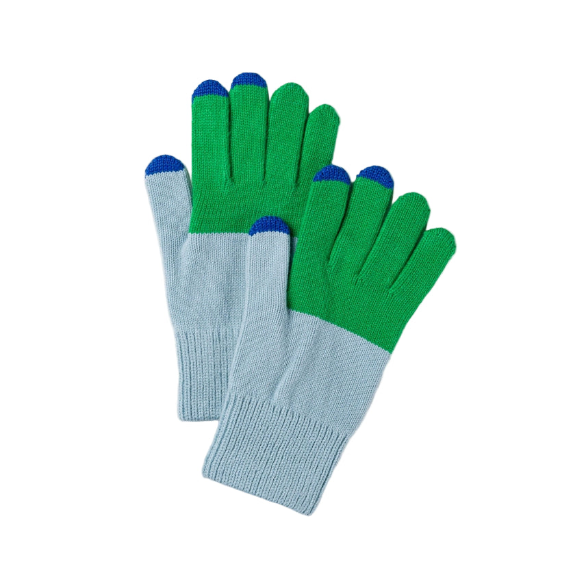 Pair of green and gray gloves with blue tips on a white background