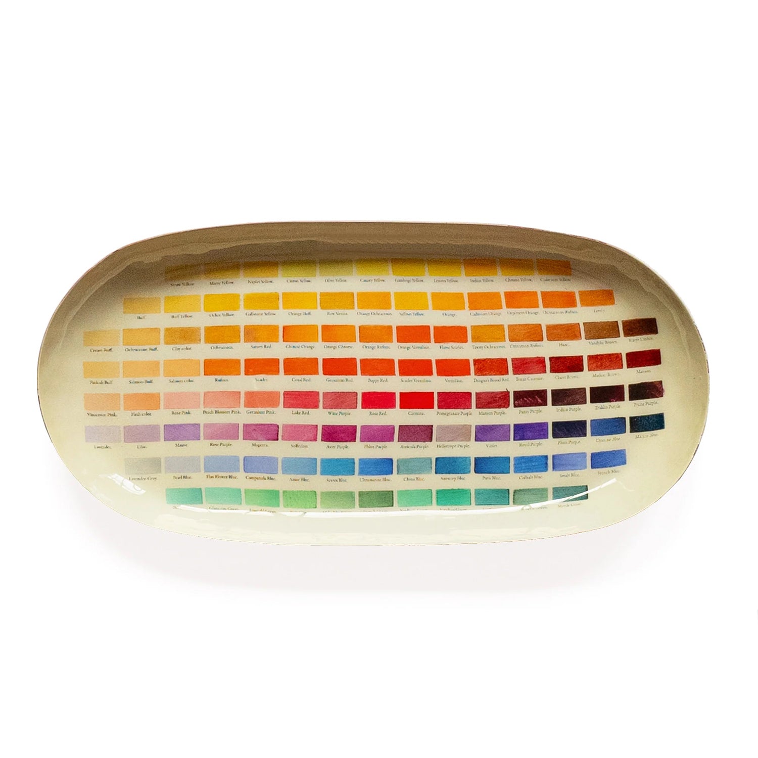 A decorative enamel tray with a colorful array of compartments, each filled with a different shade of paint.