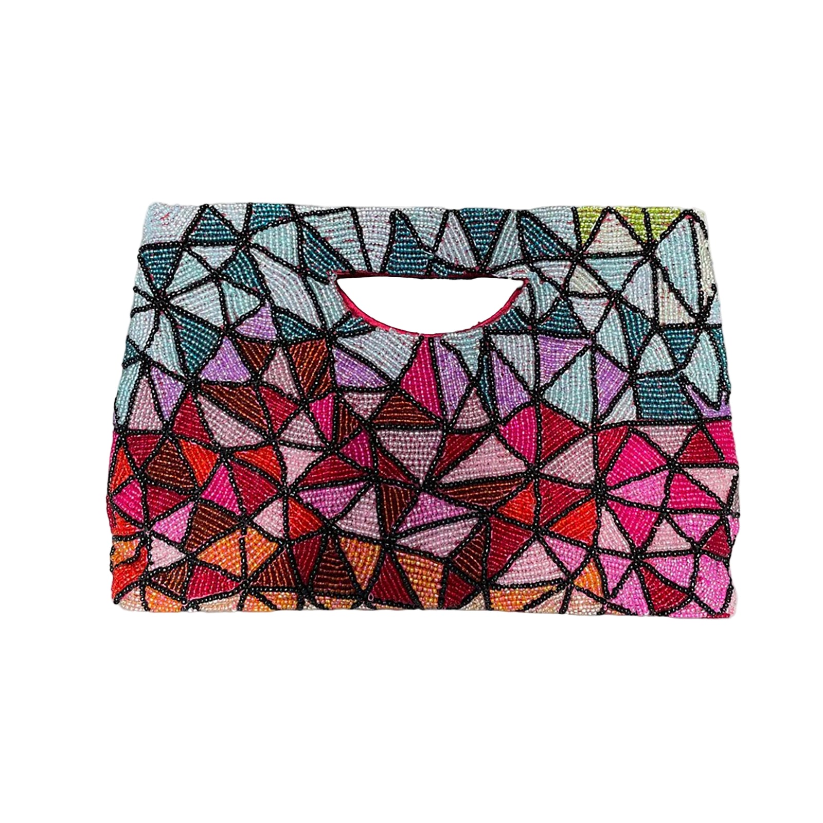 Multicolored geometric patterned clutch bag on a white background
