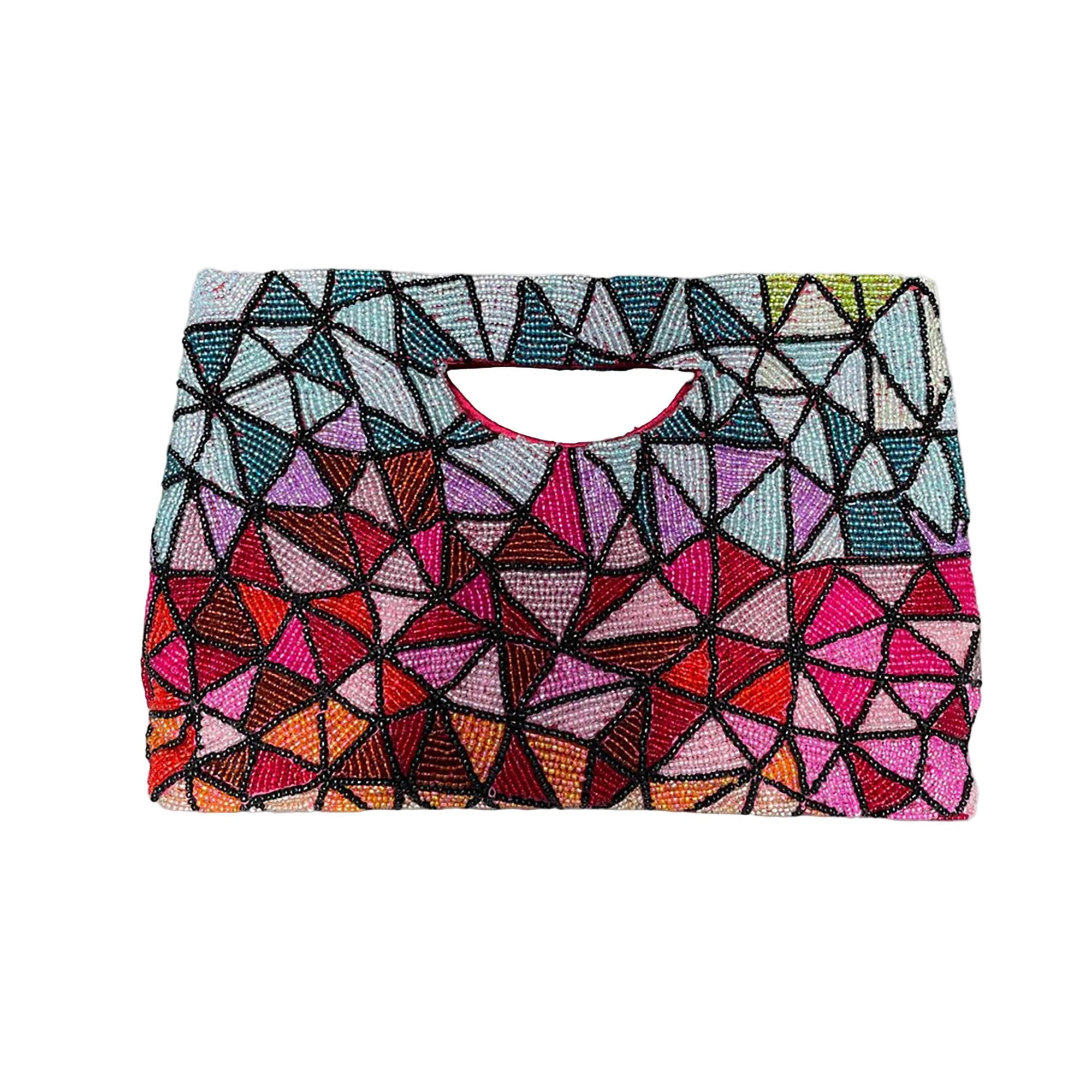 Multicolored geometric patterned clutch bag on a white background