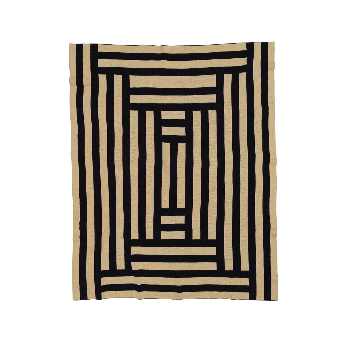 Beige and black geometric patterned blanket on a white background