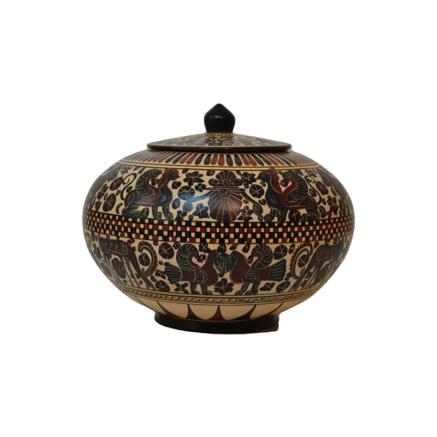 A hand-painted terracotta Corinthian pixis with animal frieze decorations.