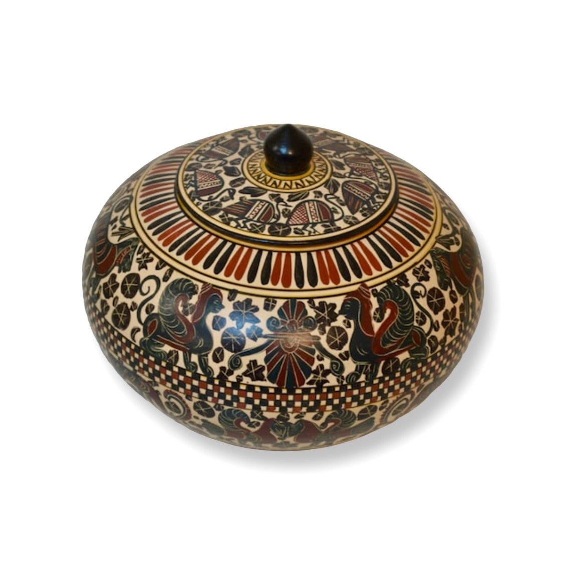 A hand-painted terracotta Corinthian pixis with animal frieze decorations.