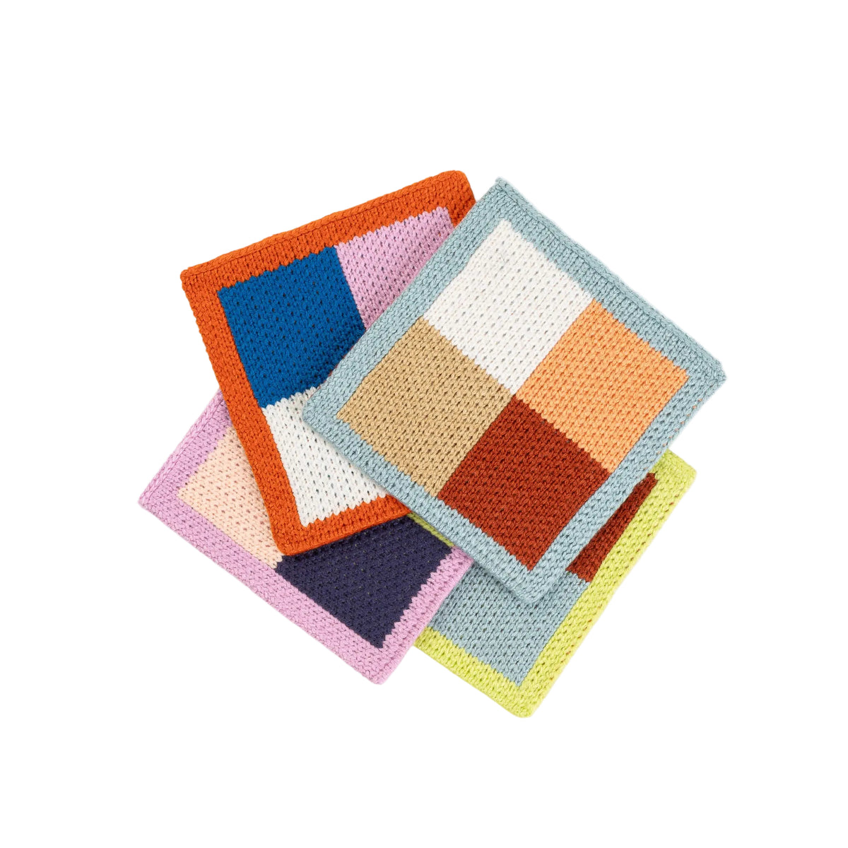 Colorful crocheted coasters with a geometric pattern on a light gray background
