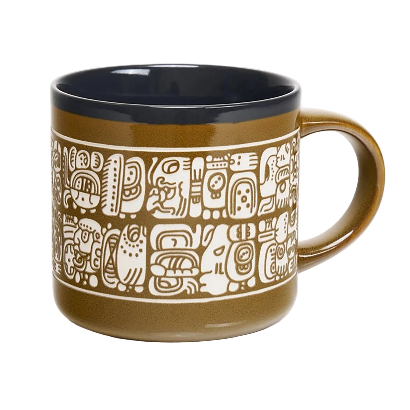 A ceramic coffee mug with a brown exterior featuring a white Mayan calendar pattern, a dark interior, and a matching brown handle, shown on a white background.