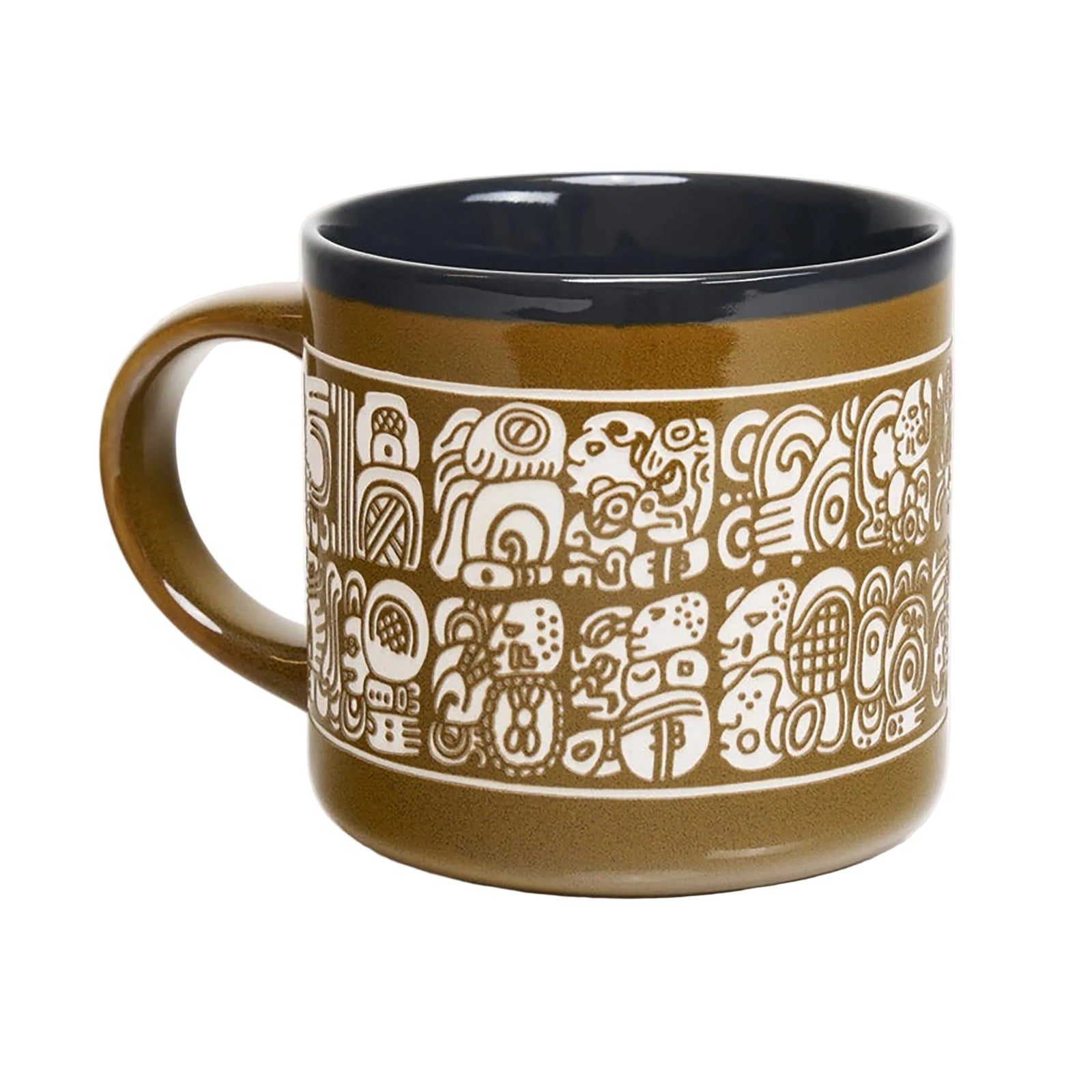 A ceramic coffee mug with a brown exterior featuring a white Mayan calendar pattern, a dark interior, and a matching brown handle, shown on a white background.