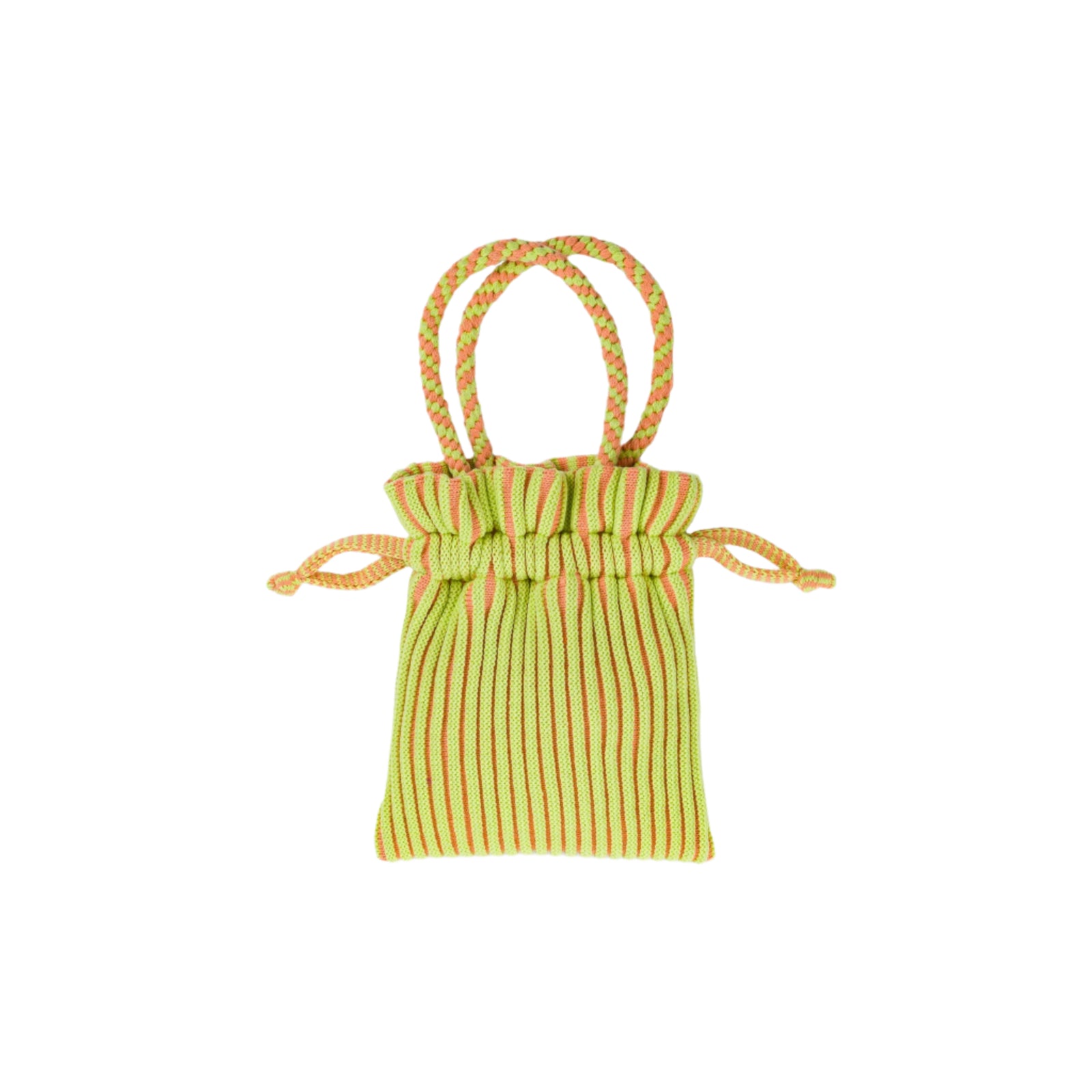A striped green and peach mini tote bag with hand-knotted macrame handles and a drawstring closure.