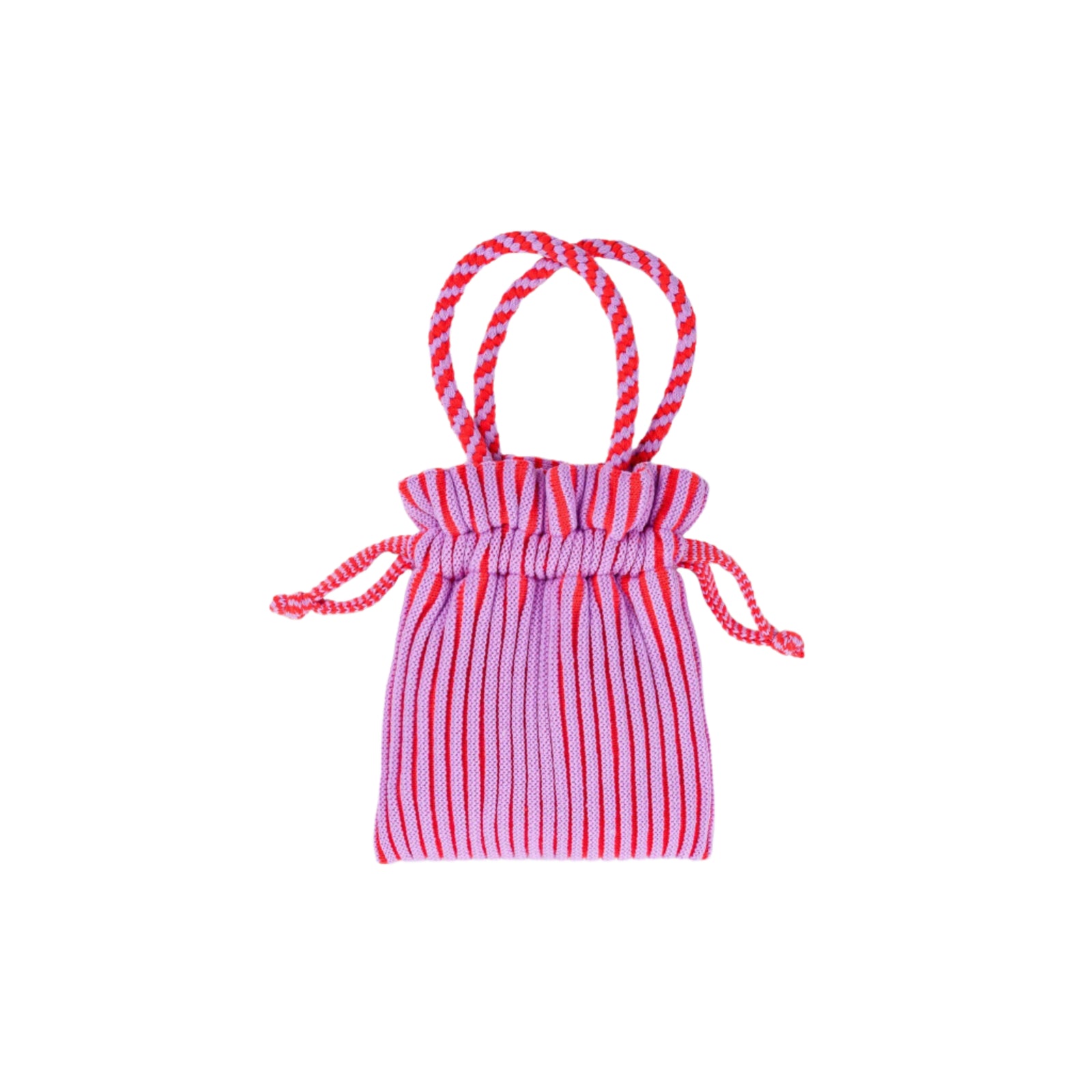 A striped knit mini tote with hand-knotted macrame handles in red and purple colors.