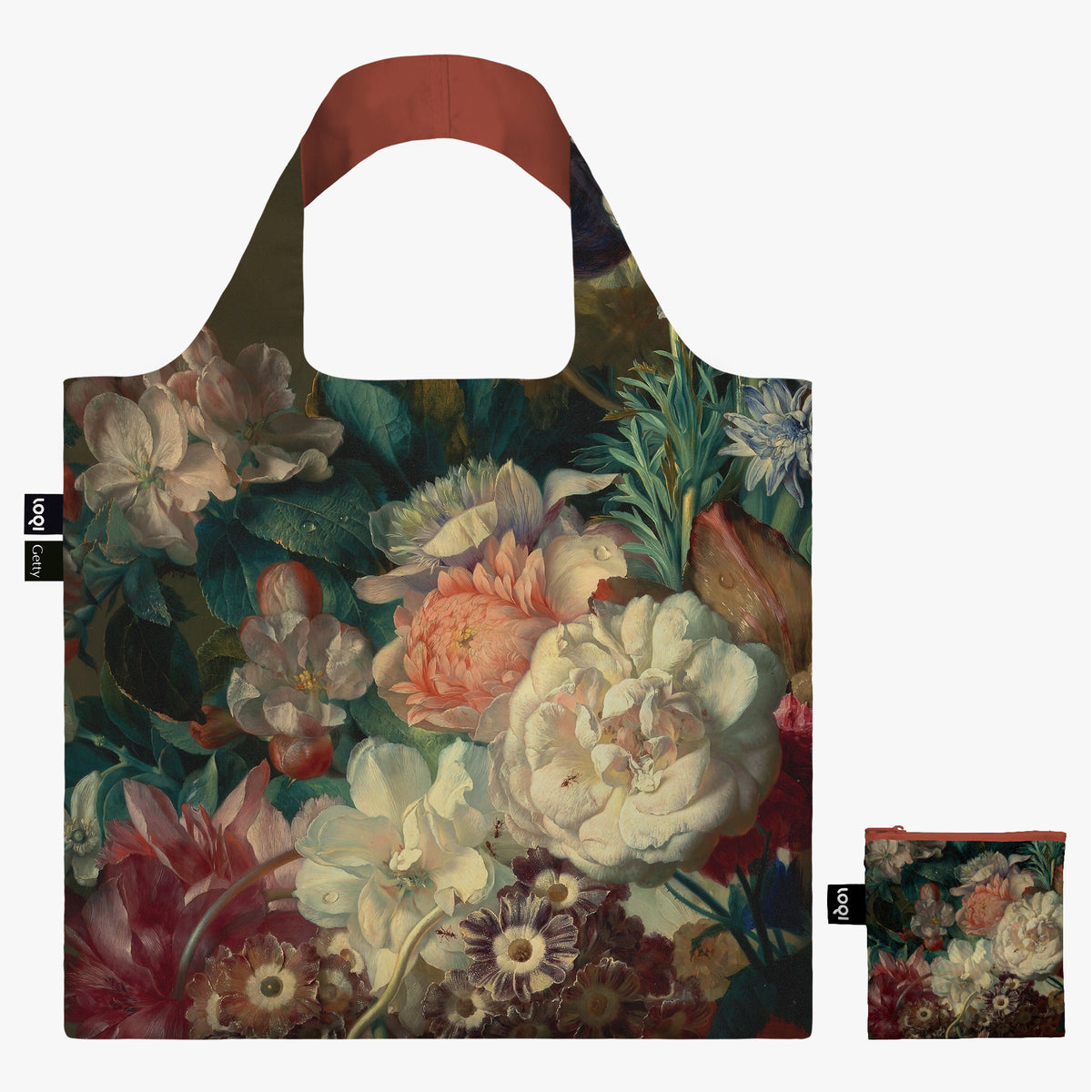 Floral tote bag with matching pouch on a white background