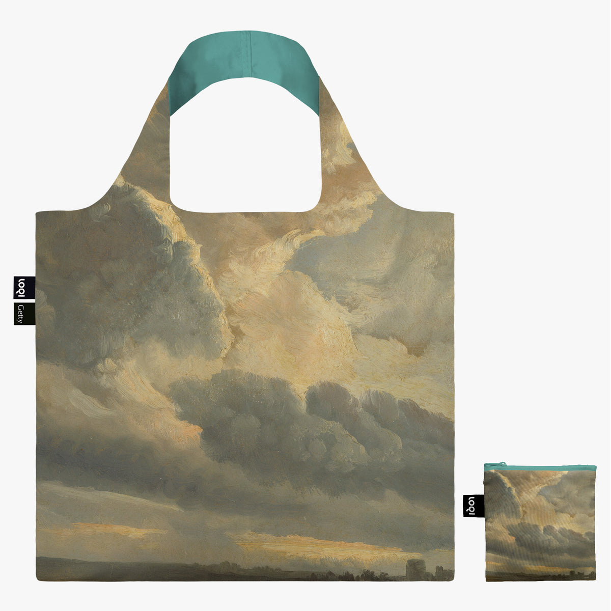 Reusable bag with a design of a landscape with clouds on a white background