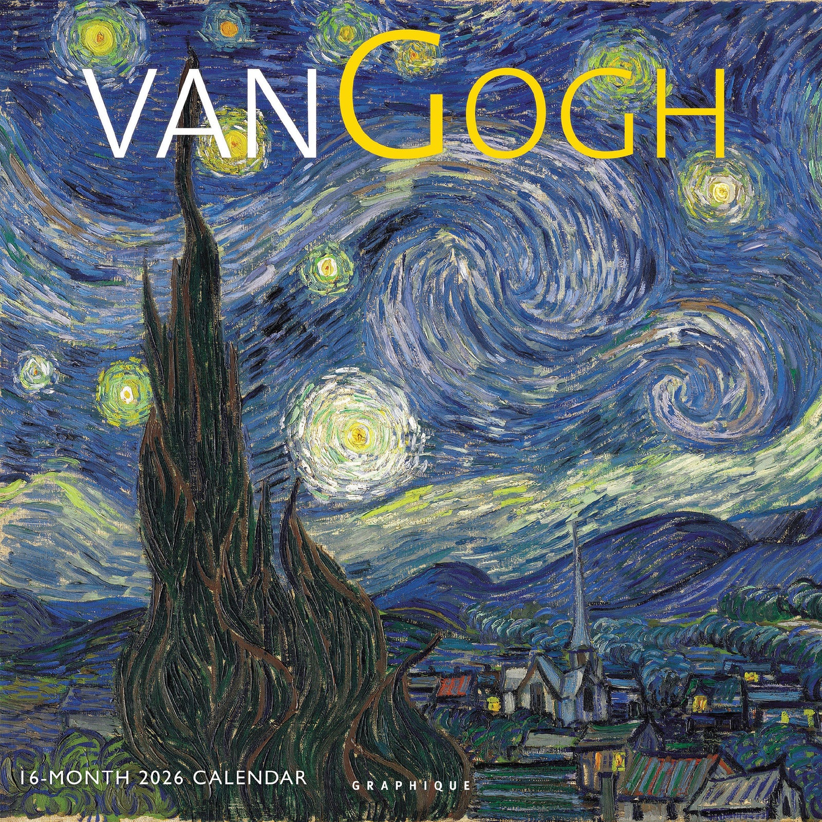 Van Gogh 'Starry Night' artwork on cover of 16 month 2026 calendar with 'Vangogh' text and Graphique branding.
