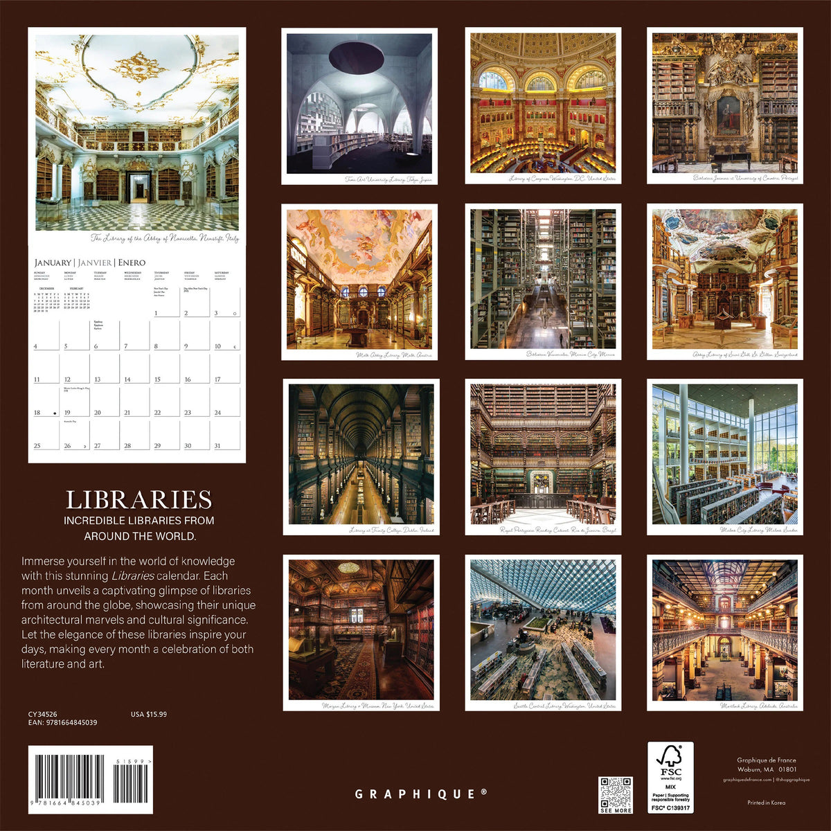 Back cover of calendar showing 12 different library photos