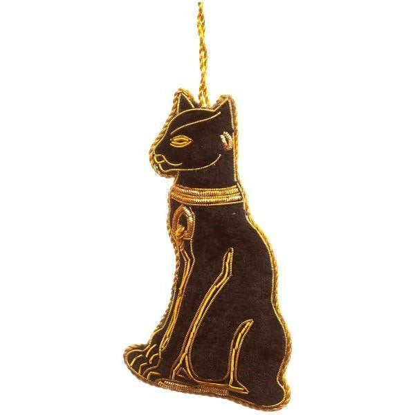 A black cat-shaped hanging ornament with gold embroidered details and a gold hanging loop, shown against a plain white background.
