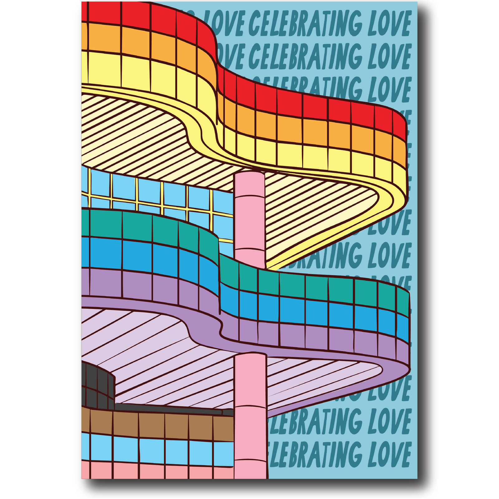 Colorful abstract design with rainbow colors and 'Celebrating Love' text on a white background