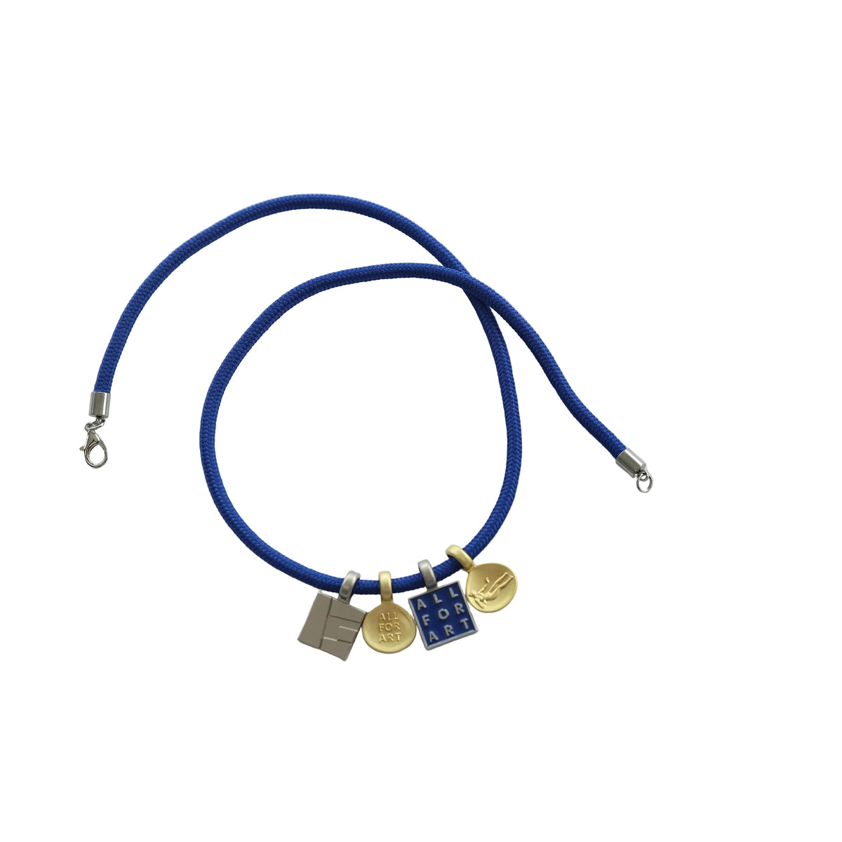 A blue braided cord necklace with four small hanging charms in gold and silver, displayed on a clean white background.