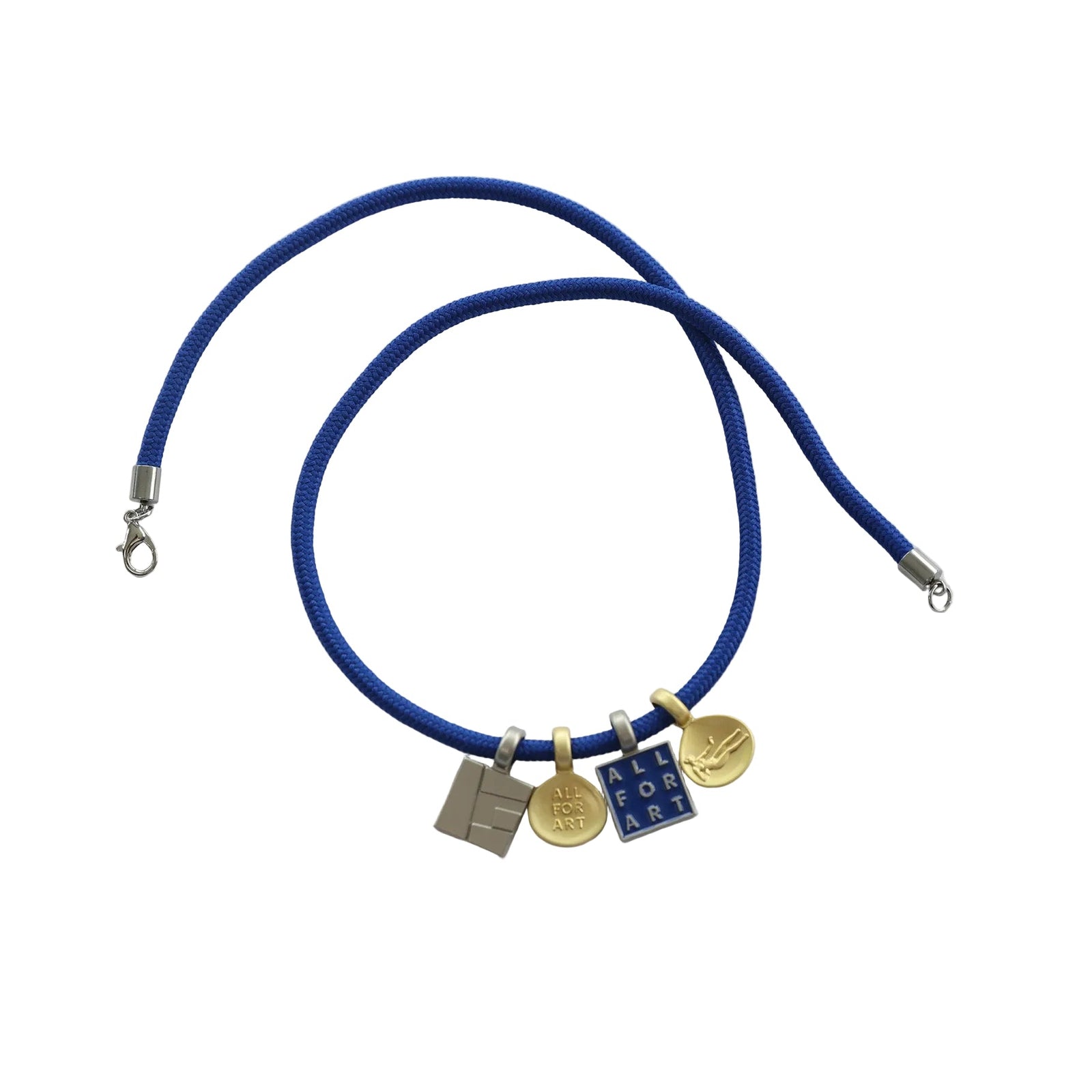 A blue braided cord necklace with four small hanging charms in gold and silver, displayed on a clean white background.