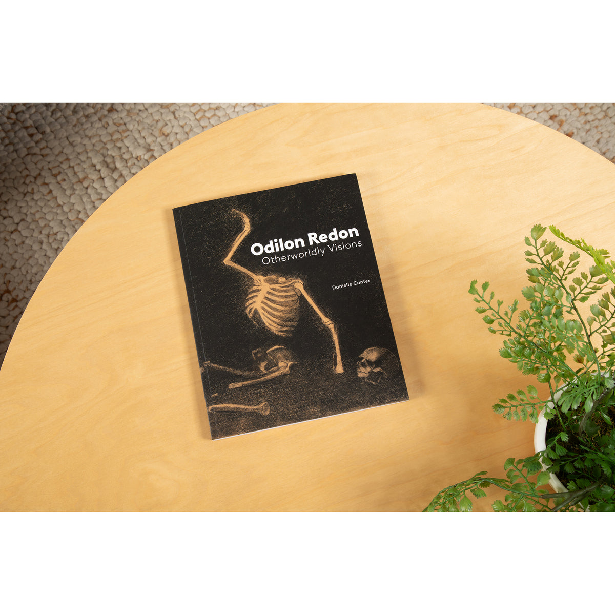 A book lies open on a light wood table, with a small potted green plant at the right edge and a textured rug visible in the background.