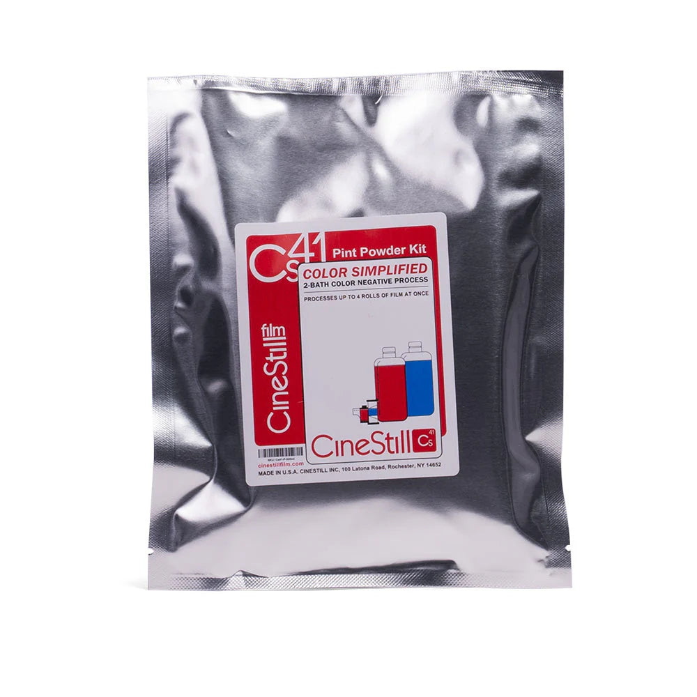 CineStill C41 film powder kit packaging on a white background