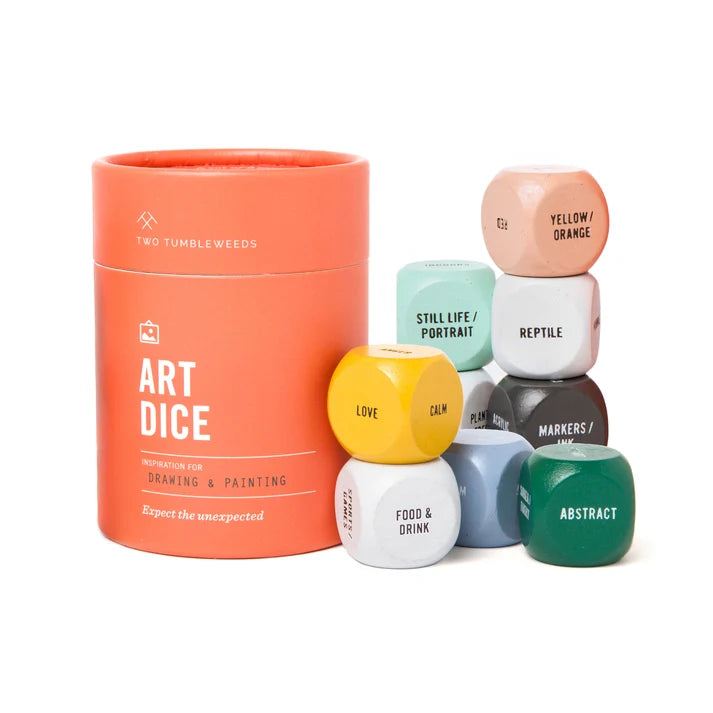 Art dice set with an orange container labeled 'Two Tumbleweed Art Dice' on a white background.