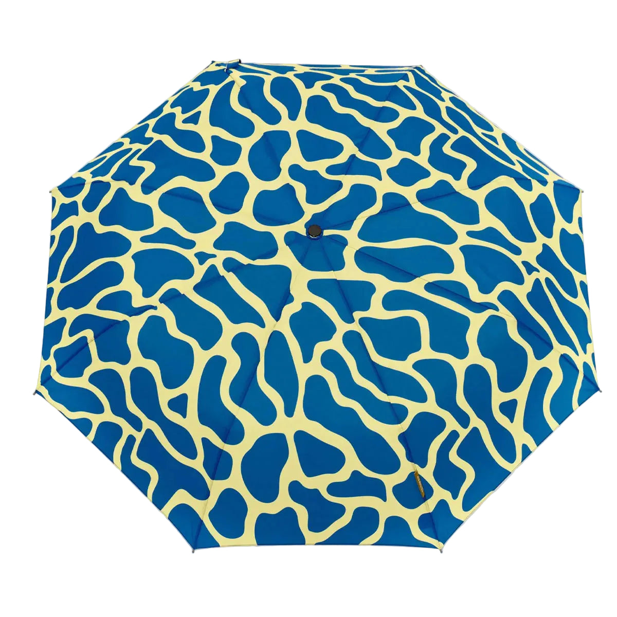 Blue and yellow patterned umbrella on a white background