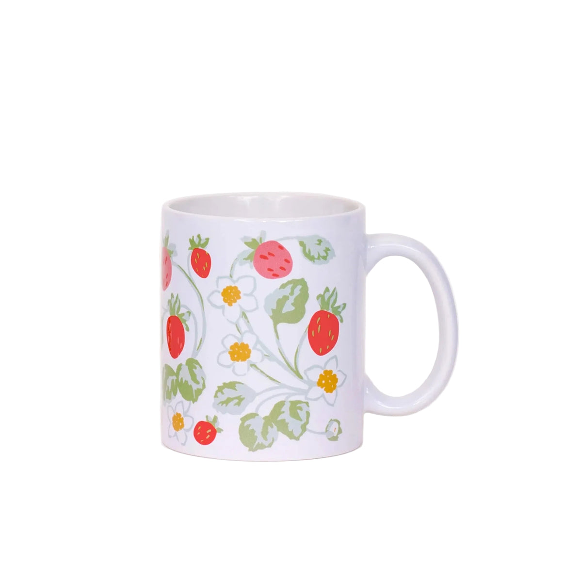 White mug with colorful strawberry and leaf pattern on a white background