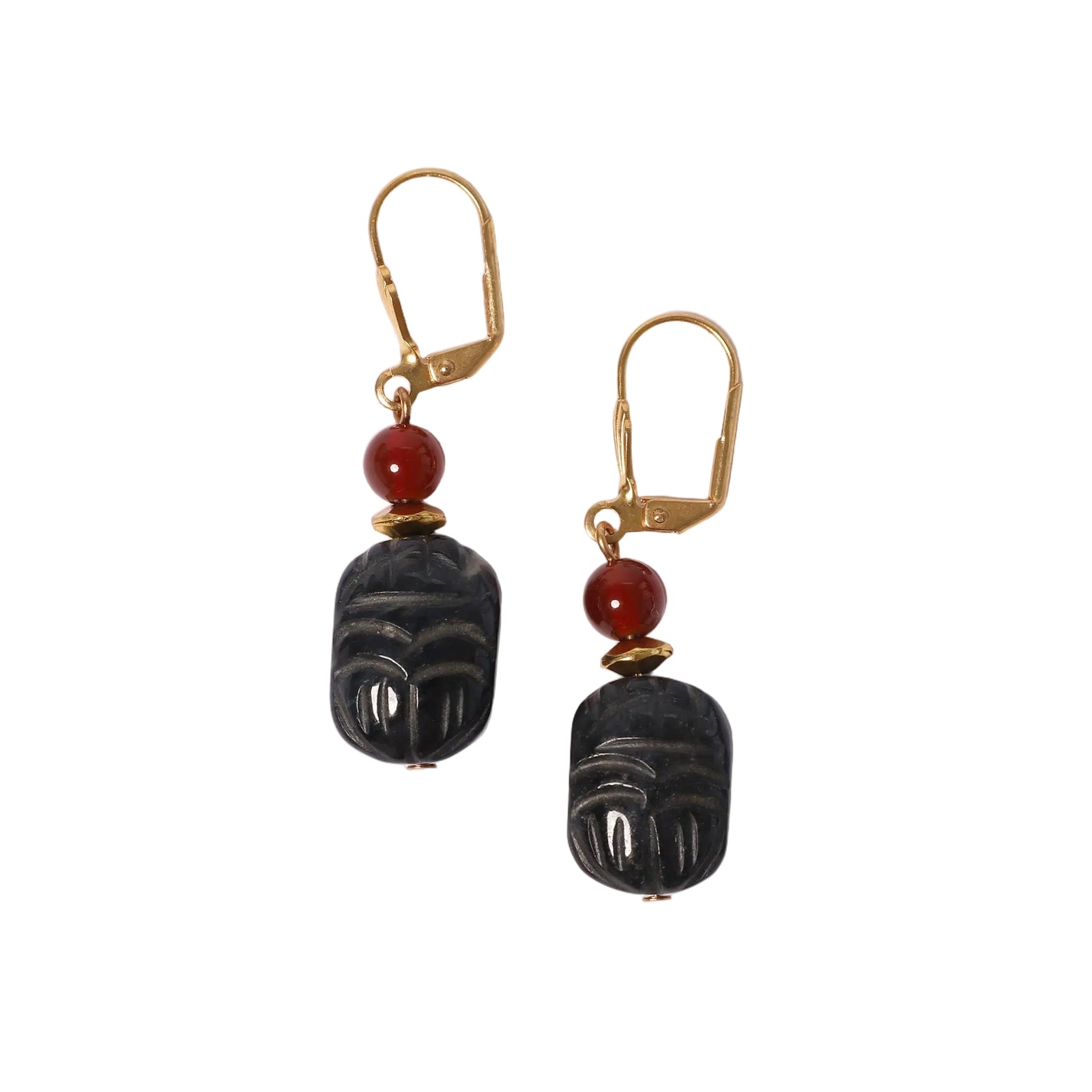 Dangly earrings with hold hoops, a round red stone, and a black stone carved to resemble a scarab