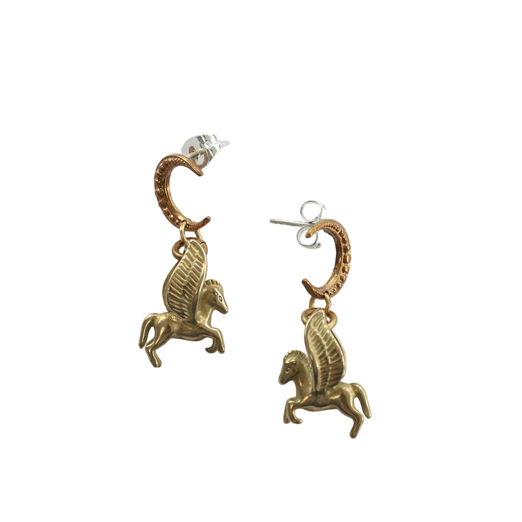 A pair of gold-toned hoop earrings with dangling winged horse charms, displayed on a clean white background.
